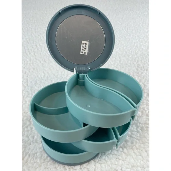 (NIB) Blue/Grey Round Four-Tiered Rotating Stacked Jewelry Organizer with Mirror - Picture 7 of 11